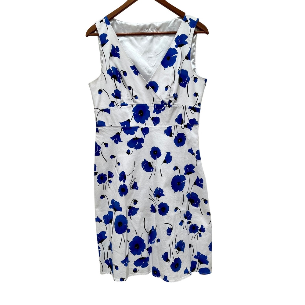 Spense Blue Poppy Floral Sleeveless V-Neck Empire Waist Sheath Dress White 12